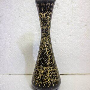 Hand Crafted Vintage Black & Gold Floral Etched Brass Vase